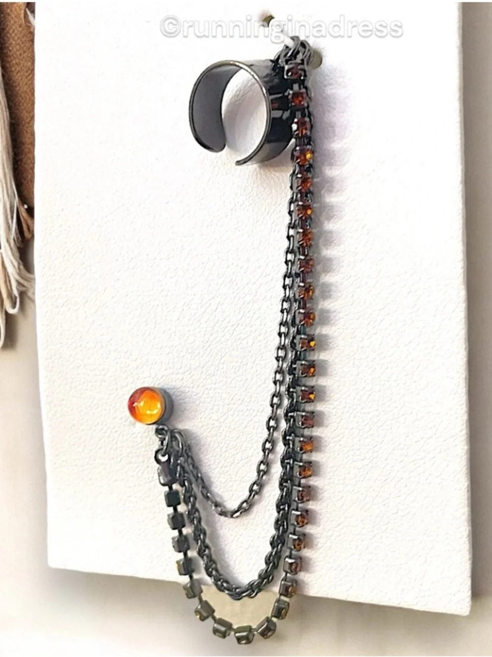 Free People Ear Party Chain Cuff Earring NWT Gunmetal Amber Orange Rhinestone
